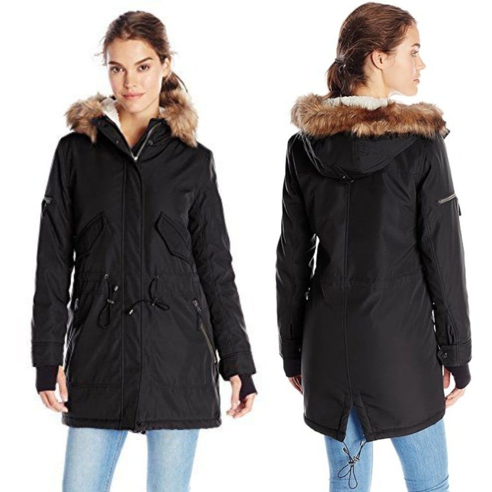 S13/NYC Black Canyon Army Sherpa Lined Parka with Faux Fur Hood